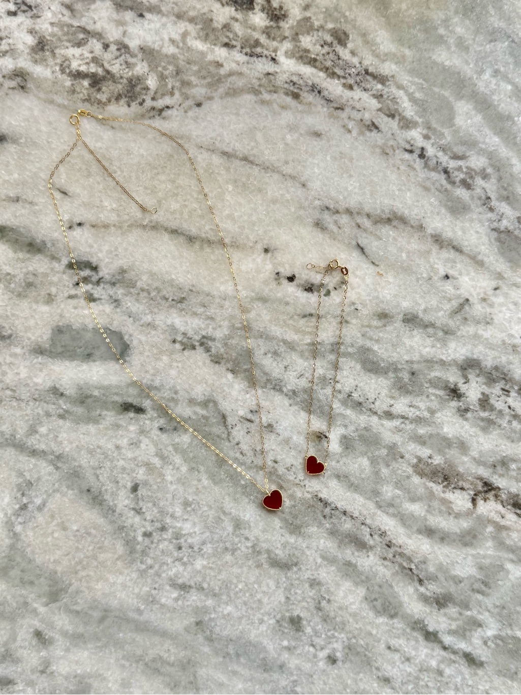 18k Gold Necklace & Bracelet Set - Red Heart